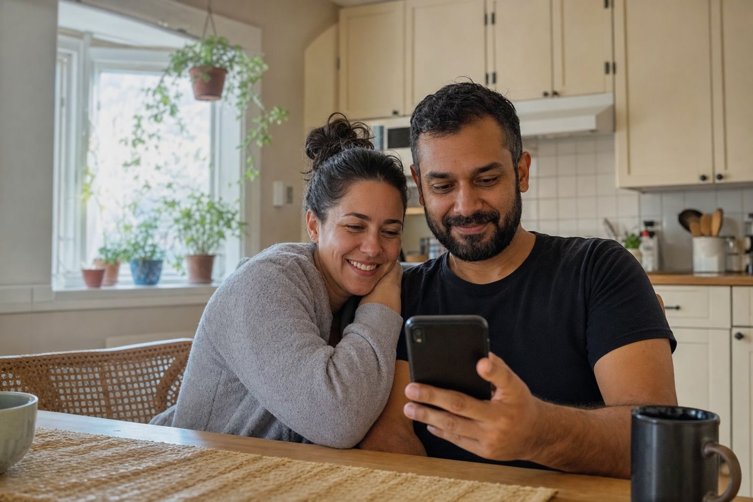 A relaxed Canadian couple at their kitchen table, no longer worried about bills